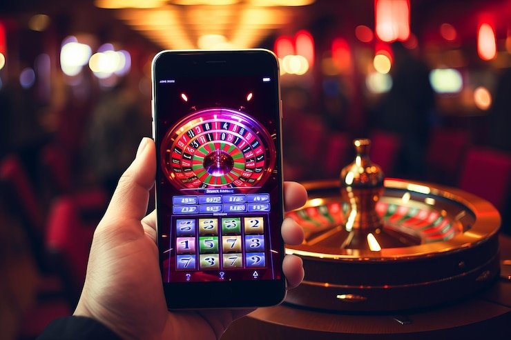 Mobile phone displaying Casino Hold'em betting interface
